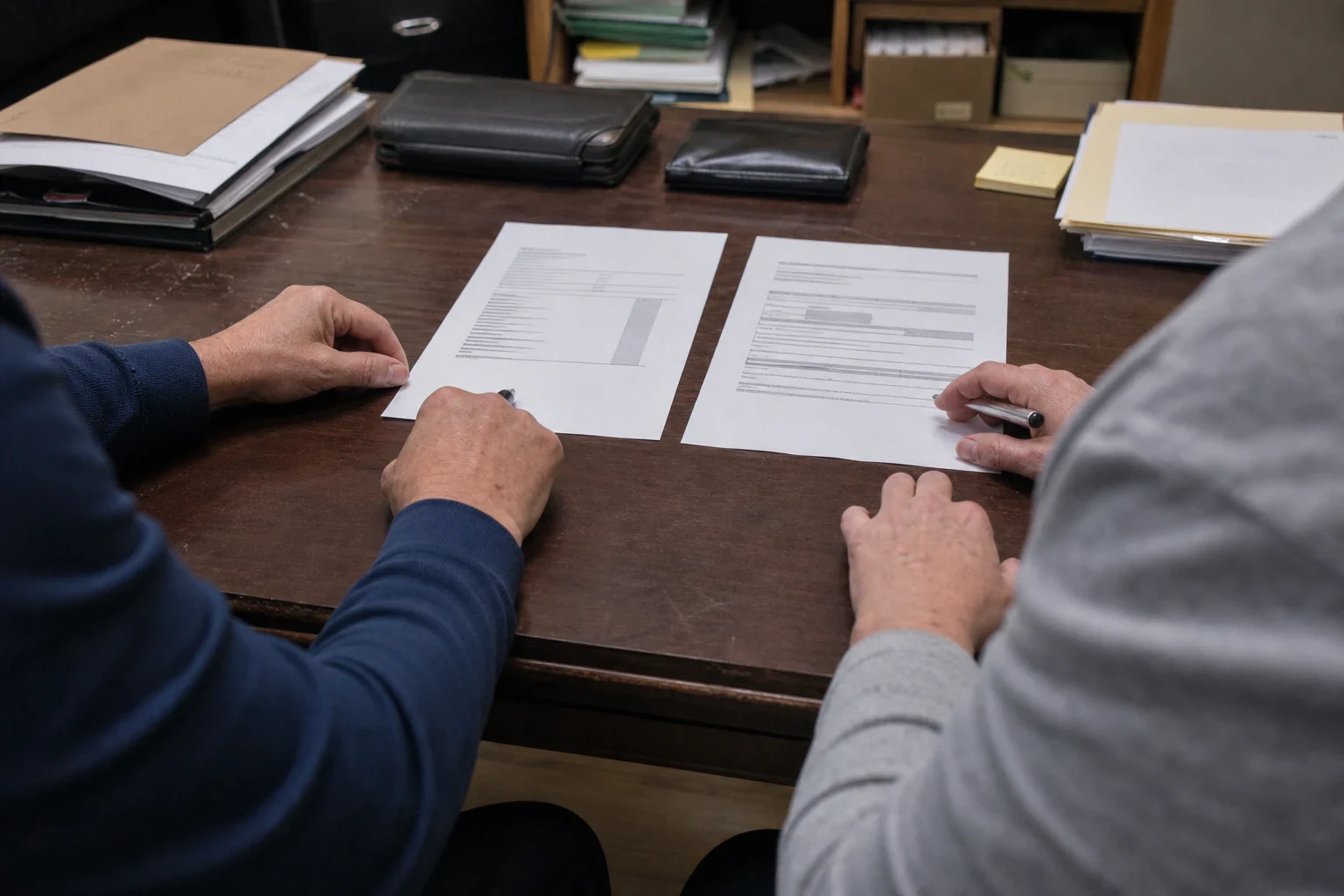 Two people seated at a dark wooden office desk with two printed documents laid side by side between them, pens in hand, folders and binders behind
