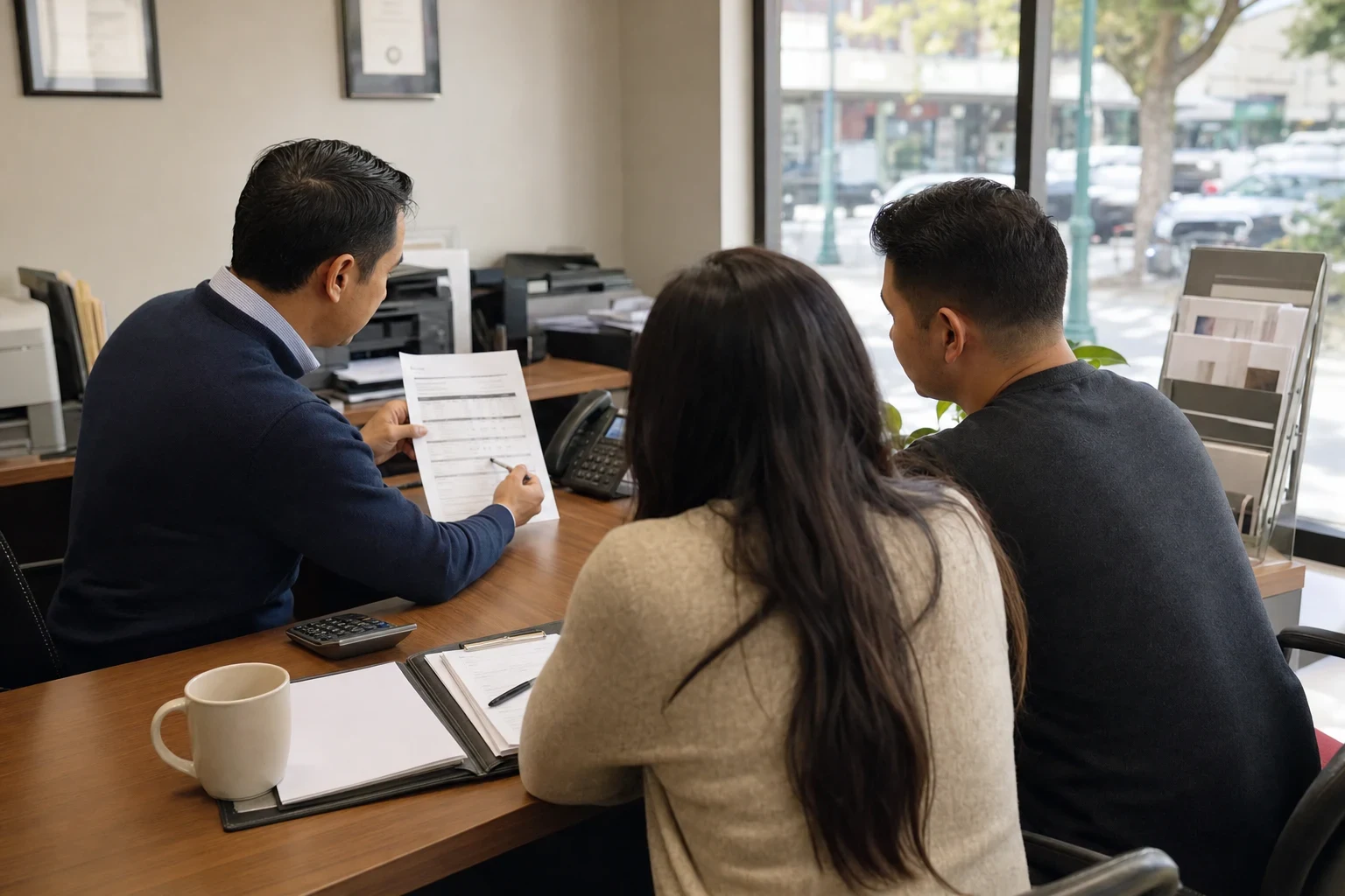Insurance agent in a navy sweater reviews a printed quote with a couple across a wooden desk in a storefront office, with framed certificates on the wall