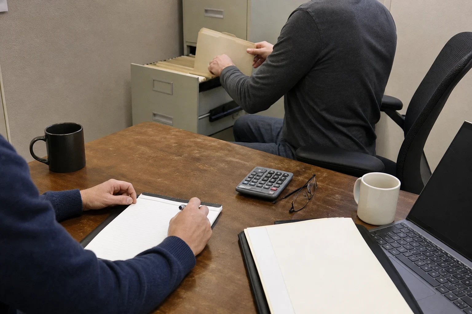 Man pulls a folder from a filing cabinet drawer in a small office while another person waits at a wooden desk with a notepad, calculator, glasses, mugs and laptop