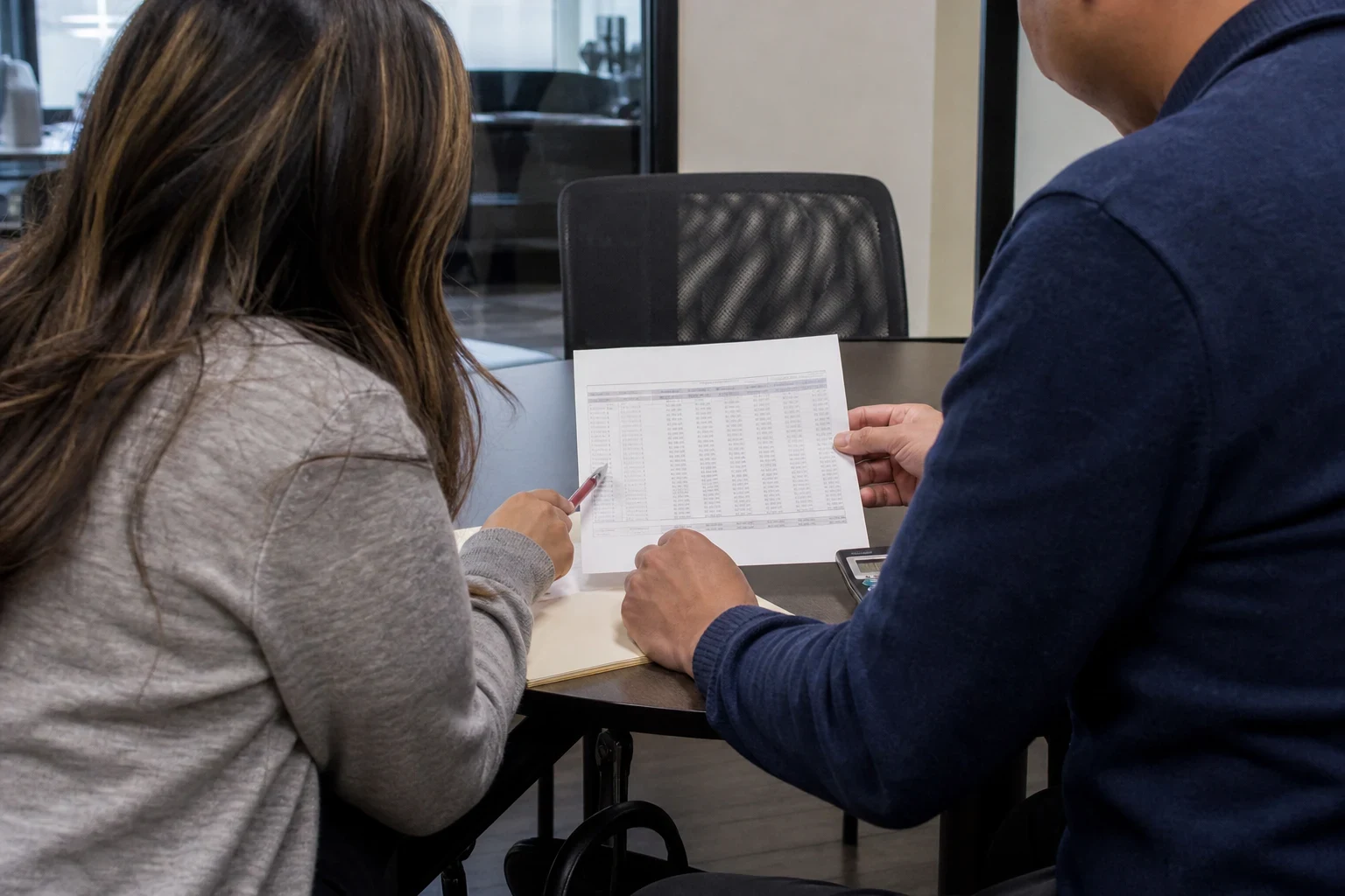 Two people seen from behind at a small dark conference table reviewing a printed table of figures, one holding a pen, with a calculator and folder nearby