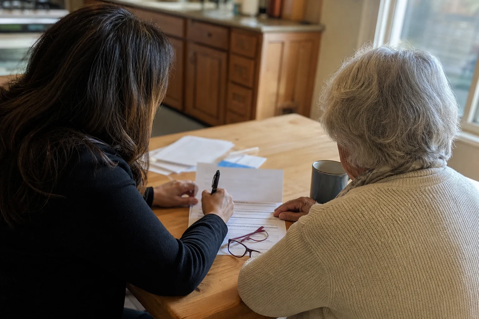 Woman with dark hair writing on a paper form at a wooden kitchen table beside an older woman with gray hair, reading glasses and a gray mug nearby, wood cabinets behind